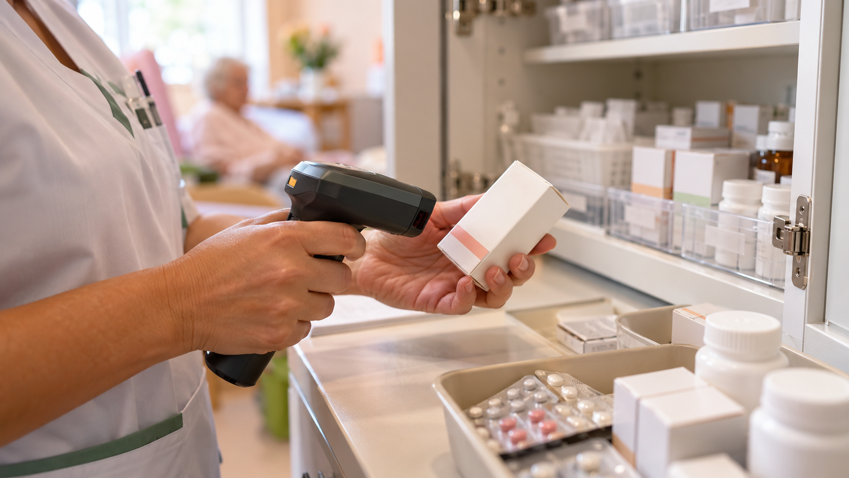 Mãos de enfermeira segurando uma embalagem de medicamento controlado ao lado de um leitor de código de barras, junto ao armário de medicação de uma ILPI