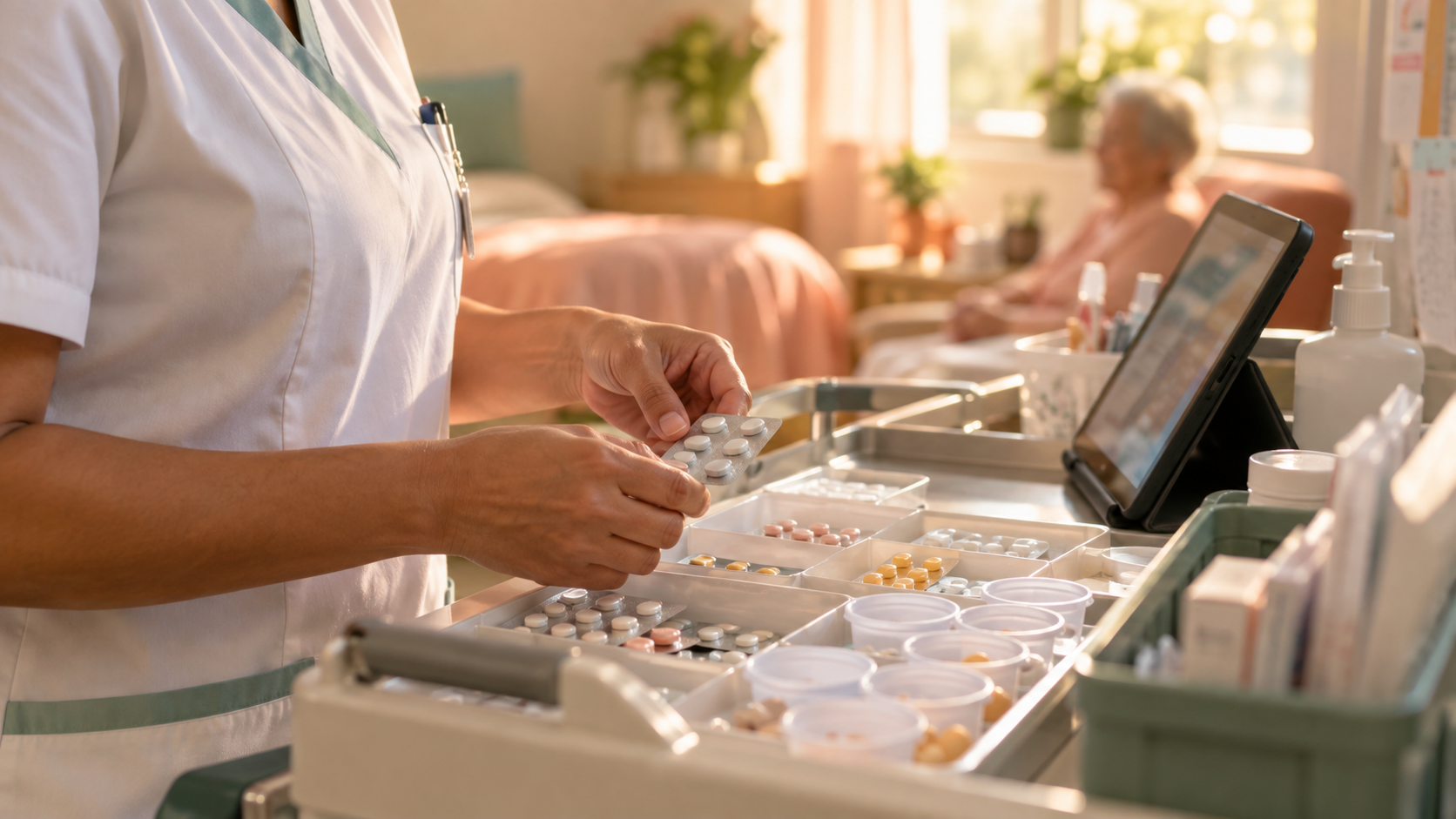 Mãos de uma enfermeira organizando blísteres e copos de medicação num carrinho, com um tablet apoiado ao lado, luz natural suave